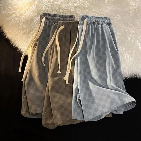 Men Shorts Chessboard Pattern Shorts with Side Pockets Elastic Waist Drawstring Wide Leg Loose Fit Shorts