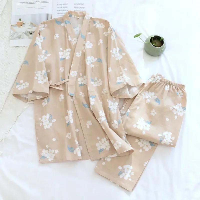 Yedi Kollu Kimono Pijama Seti Kadın İlkbahar ve Sonbahar %100 Pamuk Gazlı Bez Ev Giyim Şirin Tatlı