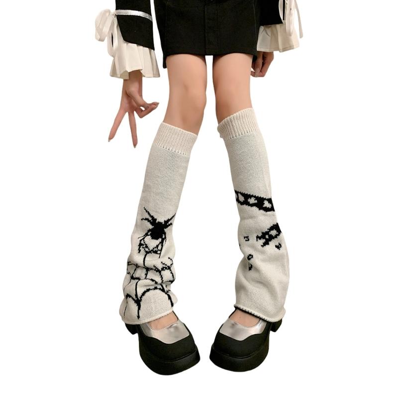 Harajuku Punk Spiderweb Knitted Leg Warmers Japanese Women Gothic Knee Length Long Socks Leggings Boot Cuffs Foot Covers
