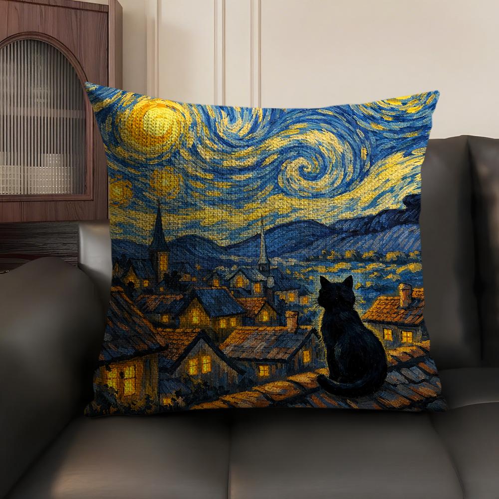 Van Gogh Starry Night Cat Cushion Cover Natural Linen Organic Fabric Double-Sided Printing Sofa Home Decor Gift Pillow Case