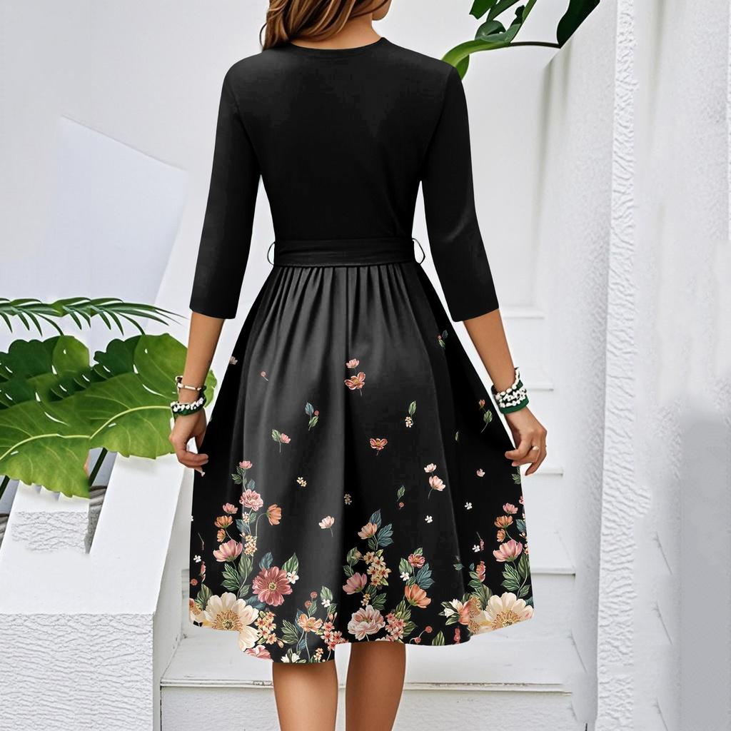 Women's Fashion Casual Waistband Seven Sleeve Round Neck Floral Flowy Dresses