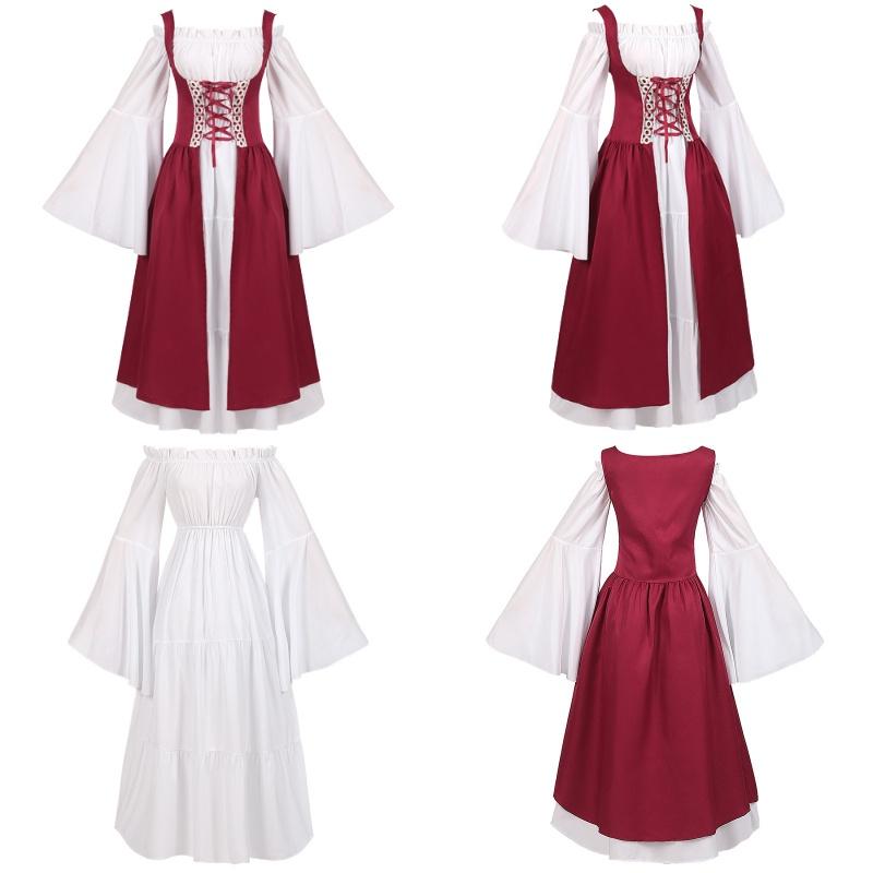 Medieval Women Victorian Long Red White Dress High Waist Design Parties Cosplay