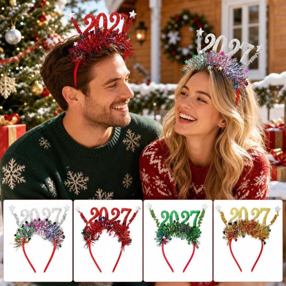 Sequin 2027 New Year Headband Sweet Christmas Headpiece Star Strip Headwear  New Year Dress Up