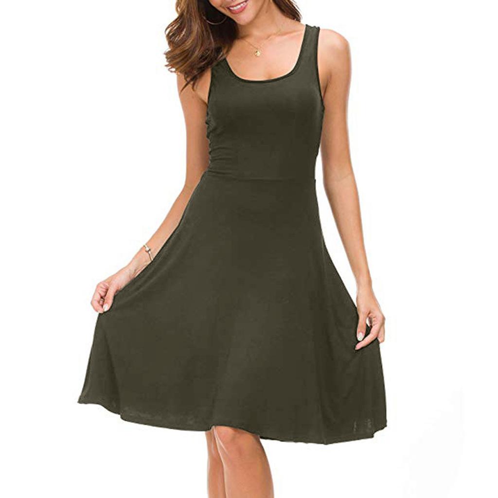 Women's Casual Fasion Solid Color Sleeveless Waist A-line Big Swing Vest Dress