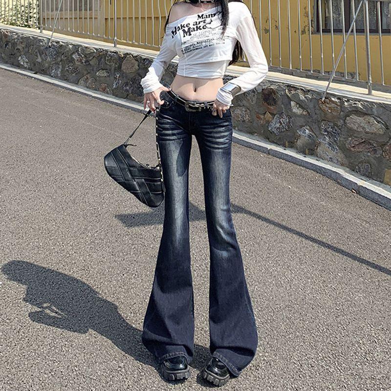 Low-rise retro design large-size jeans women's new small elastic slim-fitting thin flared trousers