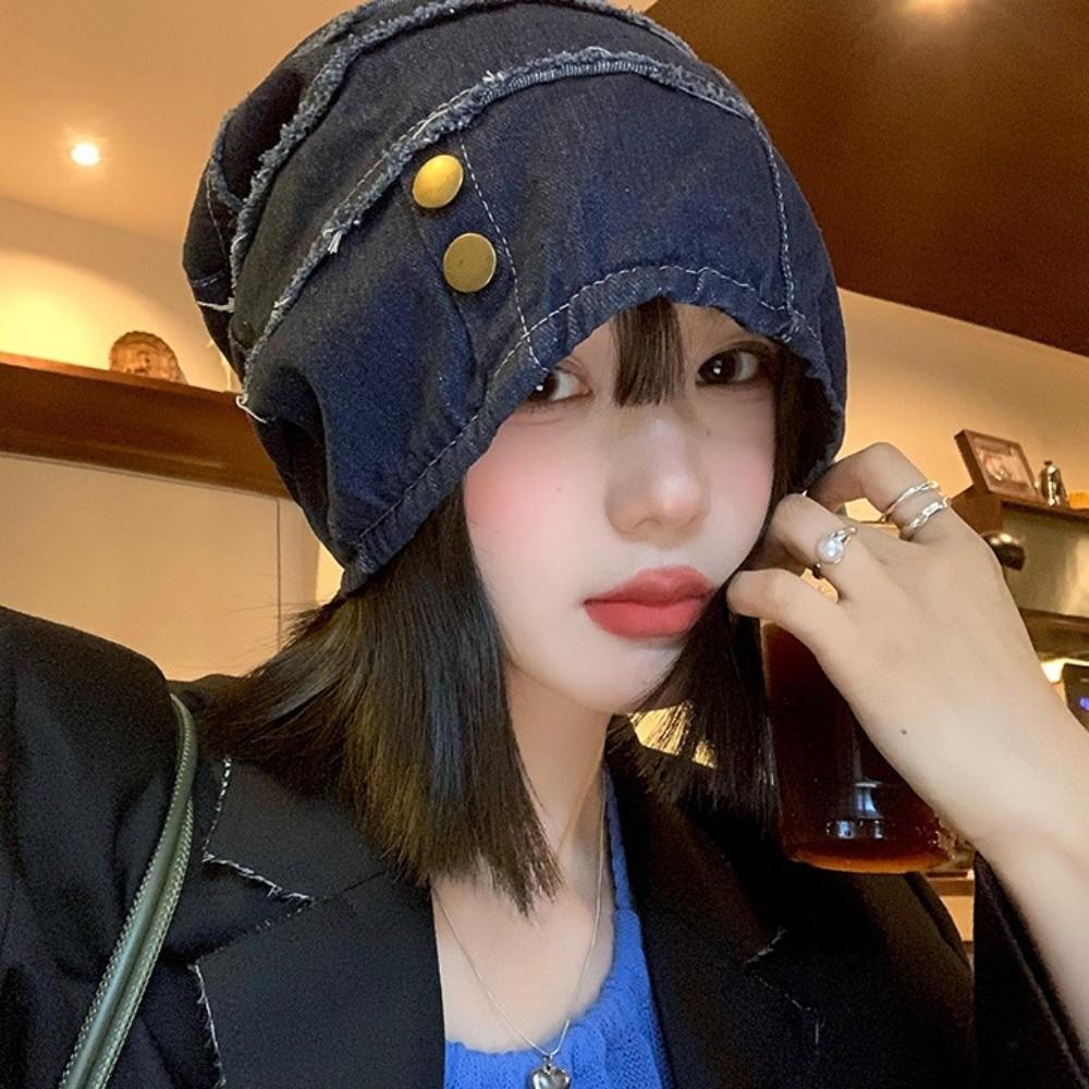 Vintage Distress Denim Pullover Cap Korean Style Loose Beret Fashion Washed Denim Beanie  Unisex