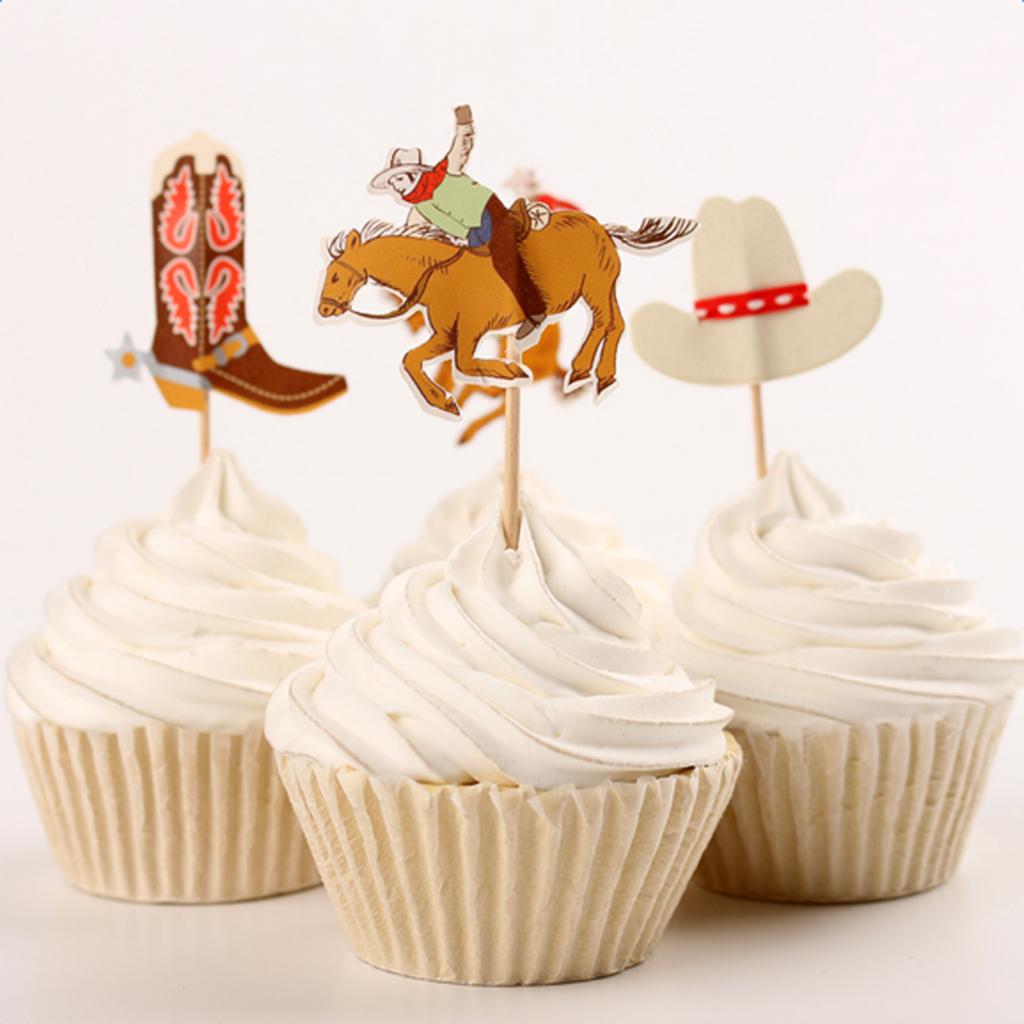 Cowboy Theme Cupcake Picks Cartoon Birthday Cake Topper Decorations Paper Wooden Ornaments for Kids Event