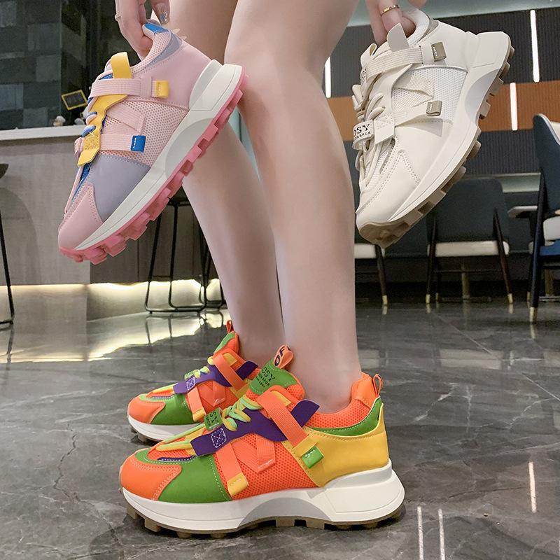 2024 spring new color matching lace-up platform dad shoes female Internet celebrity Forrest Gump shoes female student casual sports shoes