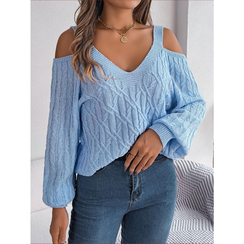Women's Sweatshirt - Versatile Casual Solid Colour Cable-Knit Off-the-Shoulder Bell-Sleeve Knitwear