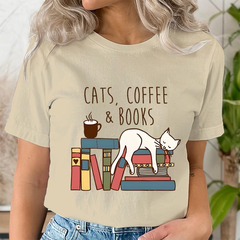 Cats Coffee Books Women Cute Bookworm TShirts Funny Book Lover T Shirt Vintage Reading Graphic Tees Female Bookish Tops Tshirt