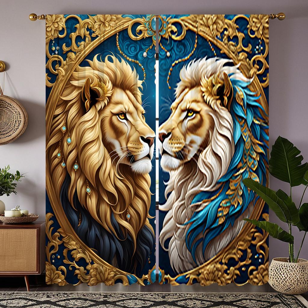 2 Stück HD Europäischer Vintage Löwe Gesicht zu Gesicht dekorativer Vorhang Gelber Bindevorhang digital bedruckt Heimdekorationsstil decora