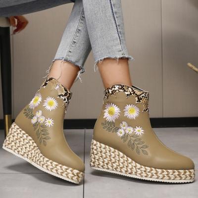 2024 Winter Womens Ankle Boots Retro Embroidery Design Wedge Heel Fashion Boots Thick Bottom All-match Pointed Toe Women's Boots