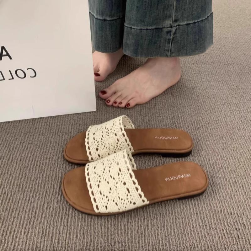 Retro gewebte Cool-Slipper mit flachem Boden für Damen-Sommerbekleidung 2025 neu böhmisch Strandurlaub Strand Ein-Wort-Schlappen
