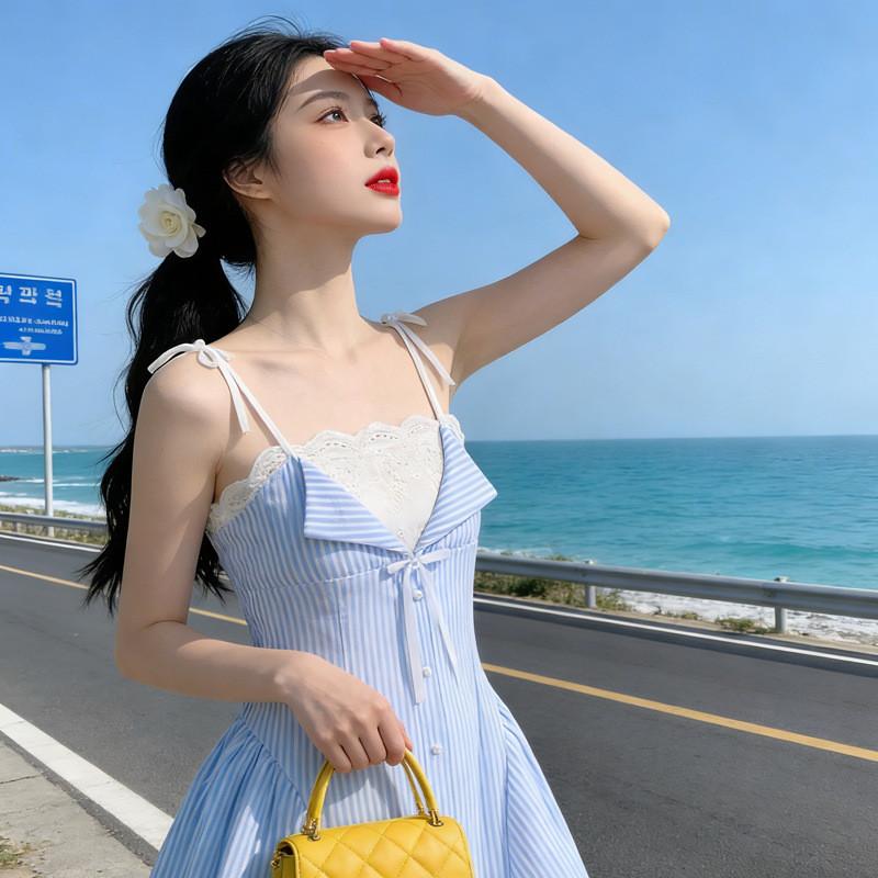 Summer Stripe Spliced Aline Dress With Sleeveless Design For Casual Women