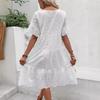 Vestido de Verão Feminino Vazado Plissado A-line Gola O Manga Curta Trompeta Vestido Midi Patchwork Cor Sólida Grande Roda Vestido de Senhora
