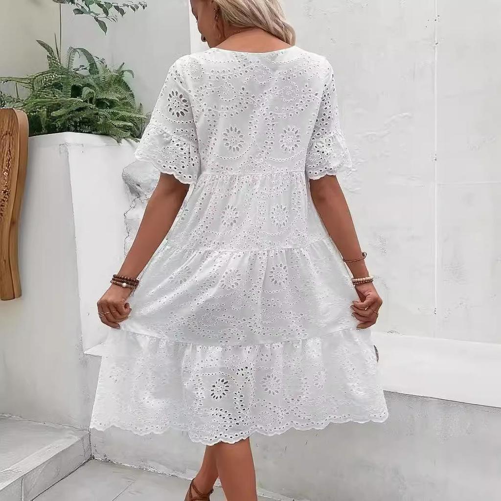 Vestido de Verão Feminino Vazado Plissado A-line Gola O Manga Curta Trompeta Vestido Midi Patchwork Cor Sólida Grande Roda Vestido de Senhora