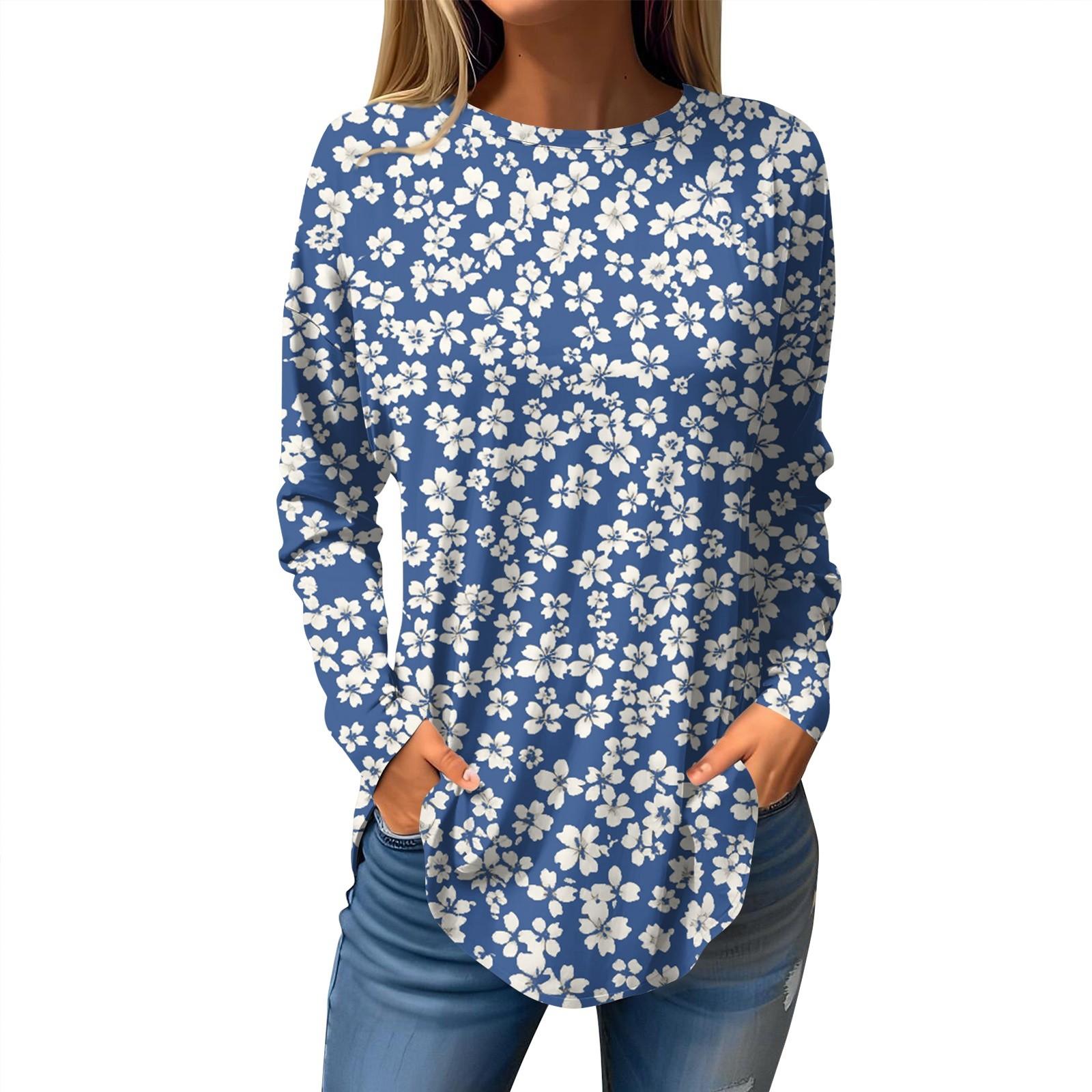 

Женская свободная повседневная футболка с принтом, круглым вырезом и длинными рукавами, пуловер, толстовка с длинными рукавами L синий