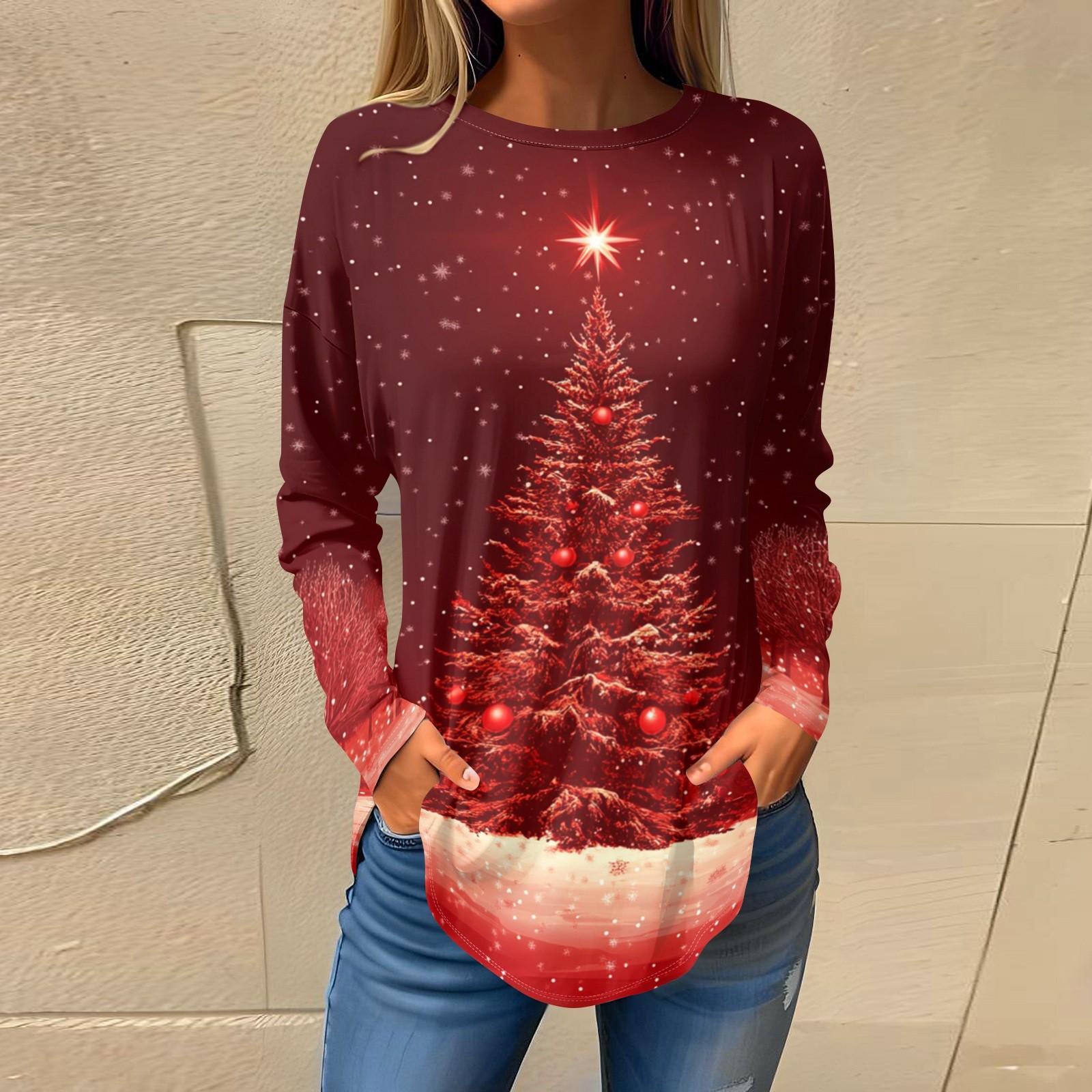 

Футболки для женщин, осенние повседневные рубашки с длинным рукавом, толстовки с винтажным графическим принтом, топы, пуловеры, рождественские XL винный