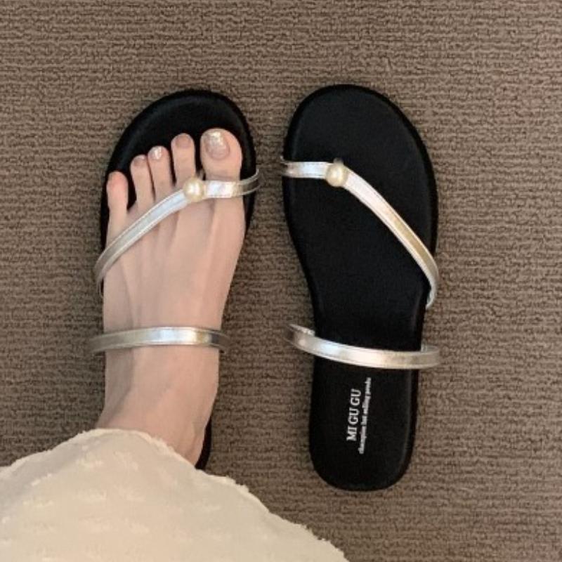 Pearl Women Flats Slippers New Clip Toe Shoes Casual Sandals 2025 Summer Trend Flip Flops Slingback Beach Woman Slides