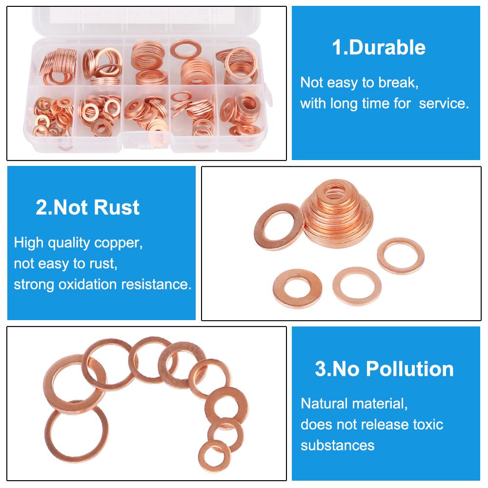 Copper Washer Gasket Flat Fitting Washers M5/M6/M8/M10/M12/M14 Nut and Bolt Set Flat Ring Seal Assortment Kit 200pcs