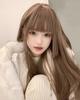 Sizuuenn Full with Blunt Light Honey with for School Cultural and Photo Women's Wig, Long, Straight, Bangs, Brown, "Warm Tea" Flaxen, Heat-Resistant,