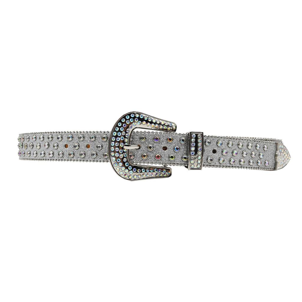 Y2K Punk Rhinestone Sequin Hip Hop Pin Buckle Leather Belt for Women