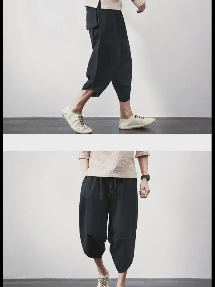 Men's Loose Fit 7-Point Linen Beach Pants - Thai Wide Leg, Casual Chinese Style Harem Pants Trends