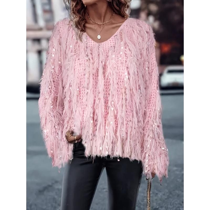 Women's Long Sleeve V-Neck Tassel Sweater, Fashionable Casual Pullover