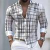 Men's Irregular Line Grid 3D Printed Long Sleeved Shirt, Business Casual Lapel Button Up Cardigan