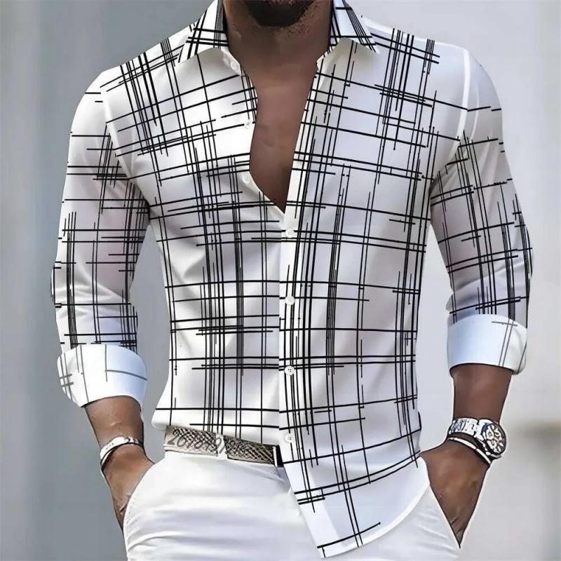 Men's Irregular Line Grid 3D Printed Long Sleeved Shirt, Business Casual Lapel Button Up Cardigan