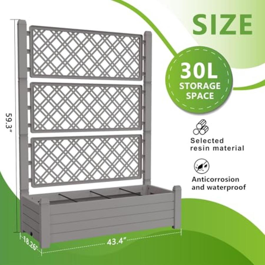 Raised Garden Bed with Trellis for Climbing Plants Durable Dust-Proof Resin Planter in Green with Drainage Plug Water Level Gau