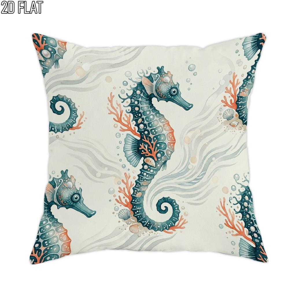 2D Flat 1pc Outdoor Pool Party Ocean Summer Seahorse Throw Pillow Covers Blue Coral Decorative Pillow