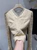 Women's French Patchwork Lace Thickened Long Sleeve Top - Warm, Slimming, Plus Velvet for Autumn/Winter.