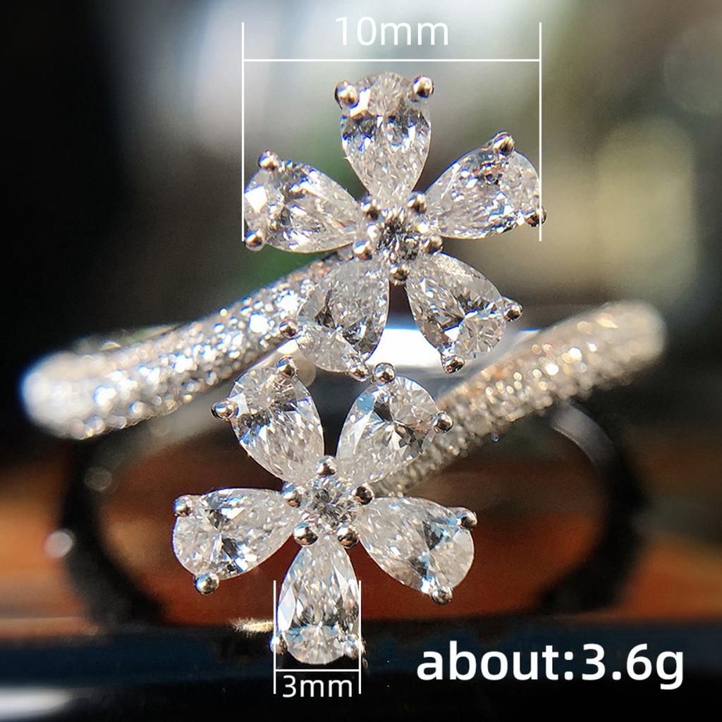 Adjustable Open Bypass Ring with Double Flower Design Pear-Cut Cubic Zirconia Stones Silver Tone Floral Statement Ring for Women