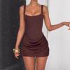 Womens Sexy Slim Fit Sleeveless Pleated Strap Mini Dress In Brown White Party Date Night Out