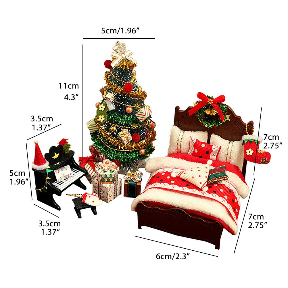 DIY Christmas Miniature Dollhouse Kit Realistic 3D House Room Craft with Bed Quilt Pillow Piano