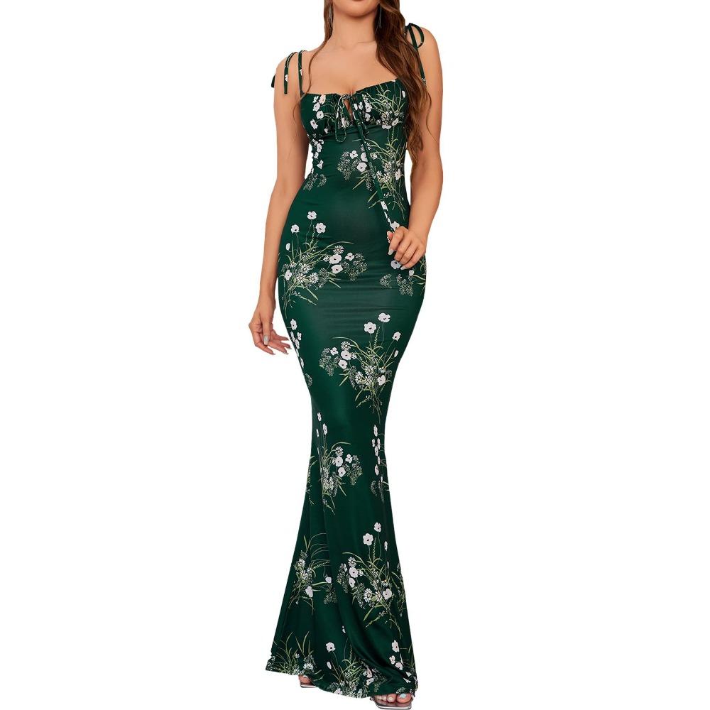 Women's Square Neck Sleeveless Maxi Dress Slim Fit High Waist Floral Print Tie Strap Mermaid Backless Sexy Summer Party Dress