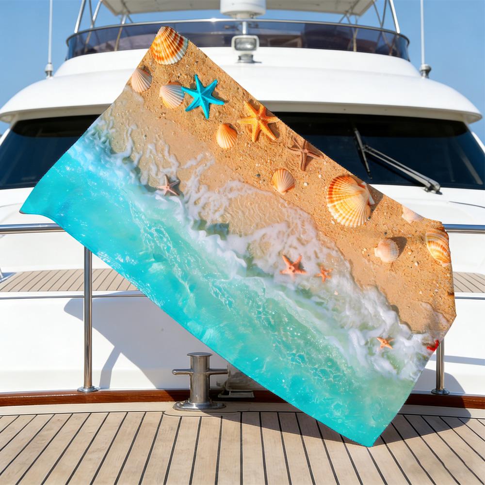 Realistic Beach Scene Beach Towel – Oversized Quick Dry Sand Free with Starfish & Seashell Print