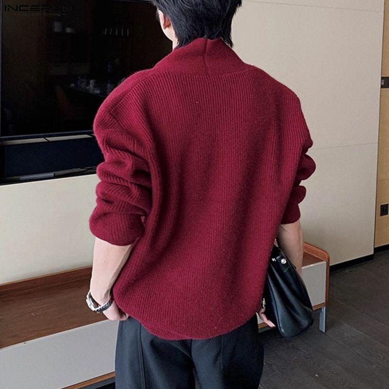 INCERUN Oversized Men V Neck Long Sleeve Front Cross Buttons Rib Casual Loose Cardigan