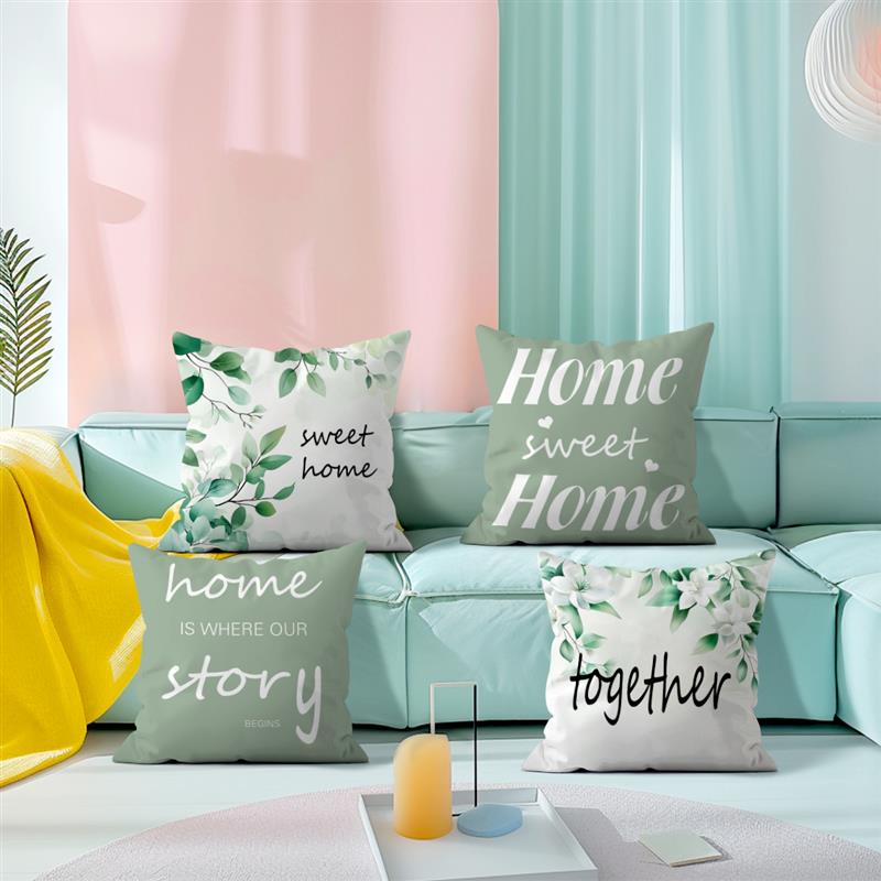 Watercolor Green Leaves Sweet Home Print Home Decor Pillowcase Bedroom Living Room Sofa Decoration Polyester Cushion Cover