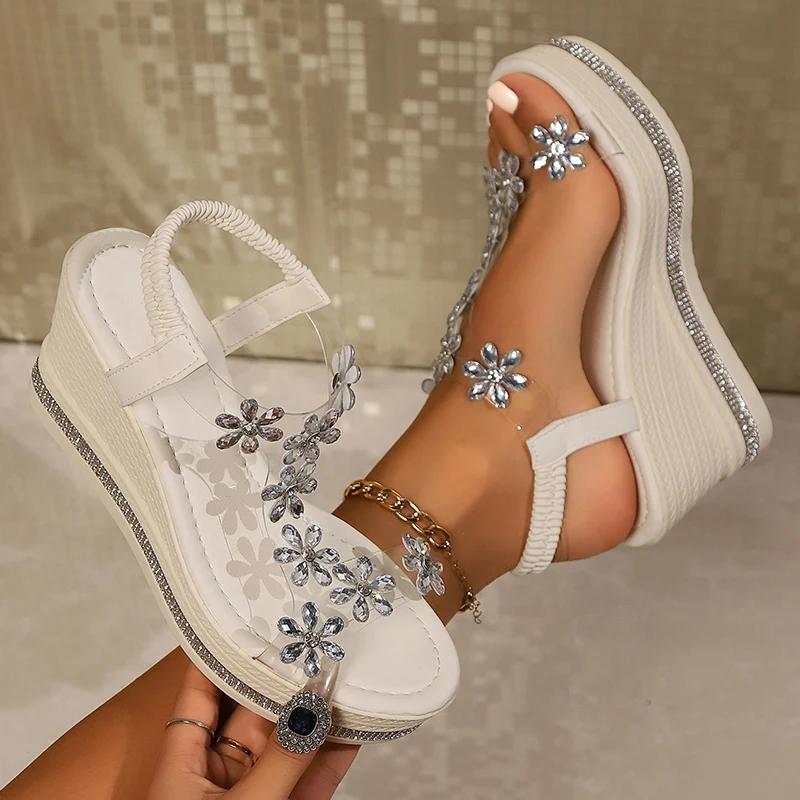 Fashion Rhinestone Flowers Wedges Sandals Women 2025 Luxury Crystals Chunky Platform Sandles Woman Clear Pvc Super High Heel Party Shoes