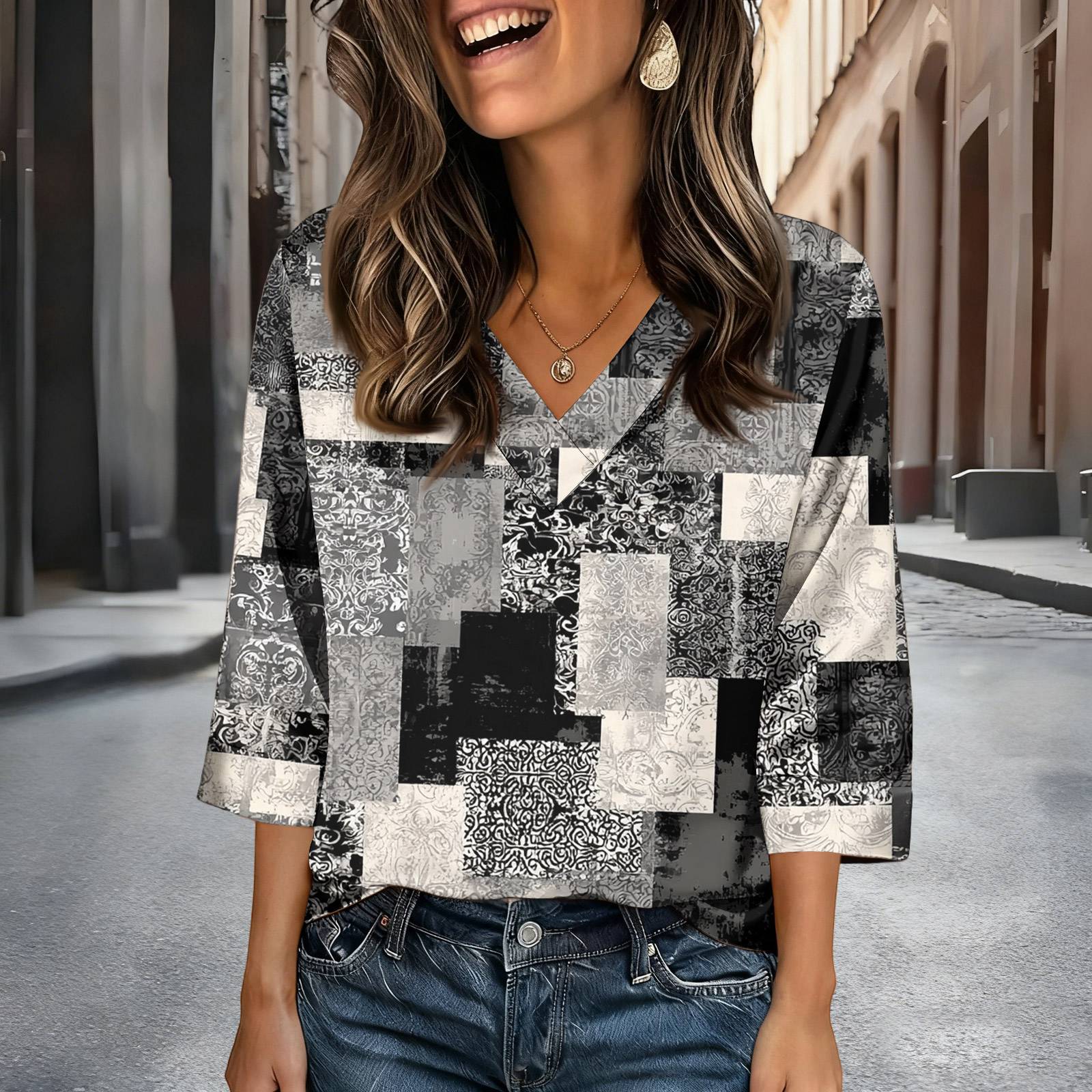 

Womens 3/4 Length Sleeves Shirts V-Neck Satin Loose Dressy Trendy T-Shirt Pullover Blouse Tops L