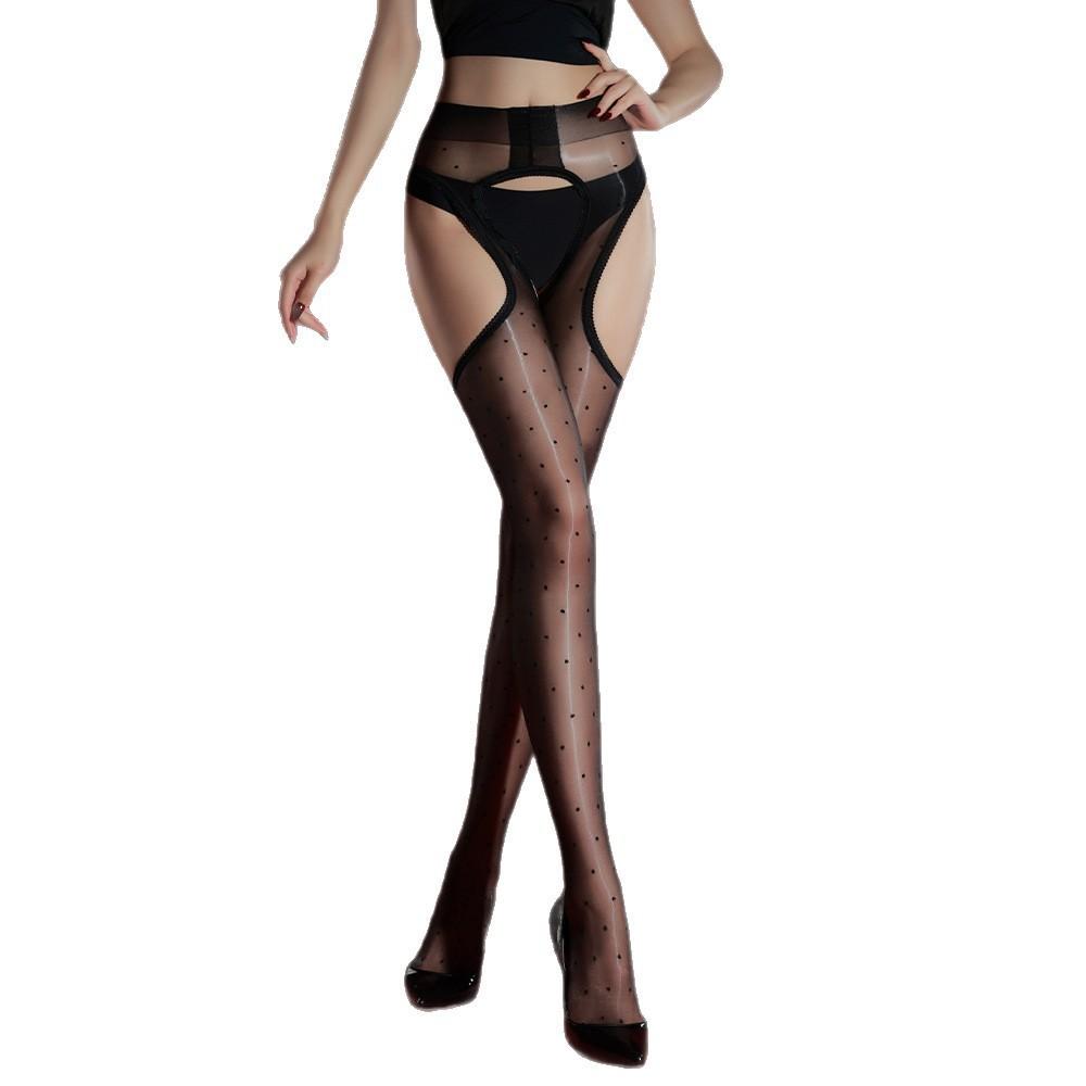 0D Aurora Polka Dot Black Silk Pantyhose Ultra-Thin Glossy Summer Sexy Four-Sided Crotchless Suspender No-Remove Temptation