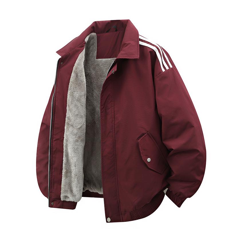 Nowa Męska Unisex Amerykański Styl Kurtka Casual z Klapami i Trzema Paskami z Pluszowym Podszyciem