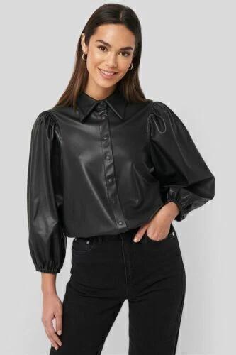 

Women Puffy Sleeve Front Button Shirt Black Handmade Leather Soft Lambskin Original Shirt S