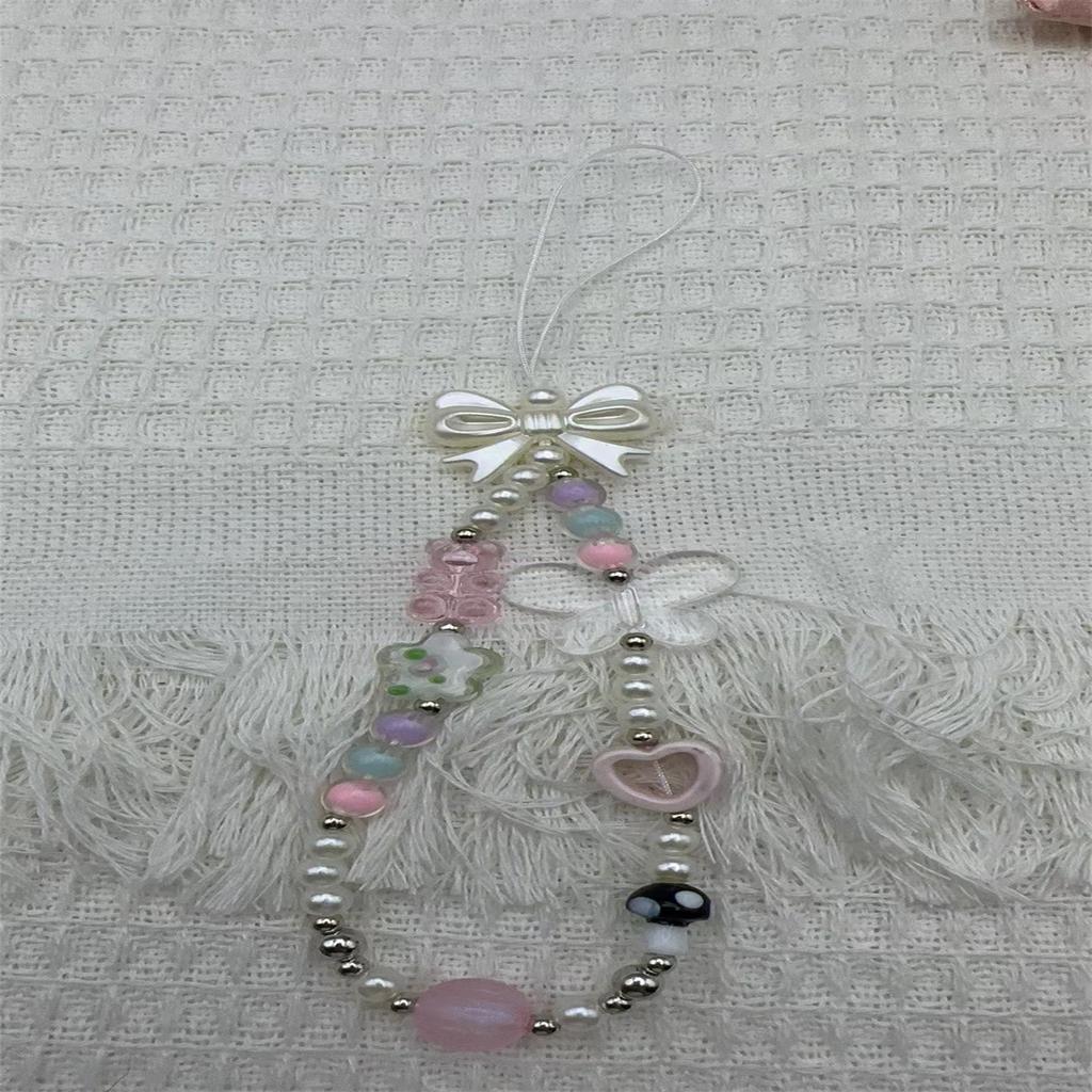Cute 3D Pink Star Heart Beaded Phone Chain Charm Lanyard For iPhone Samsung Universal Anti-Loss Hanging Rope Jewelry