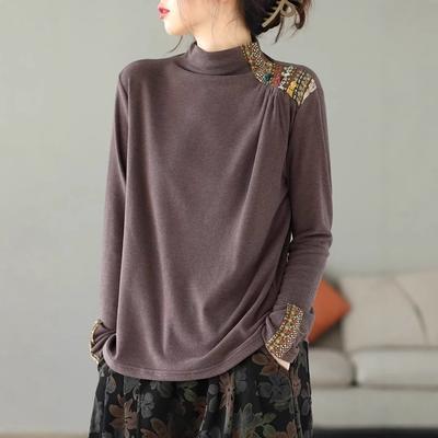 Dubbelzijdige Fleece Pullover Top Tekst Dames Kunst Retro Etnische Stijl Patch Basis Shirt Lange Mouw Knoop T-shirt