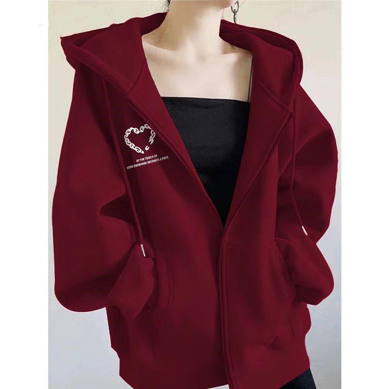 Большой размер Осень и Зима Новая бордовая толстовка с капюшоном Женская свободная с принтом букв Плюс бархат Утепленная куртка Весенне-осенние топы M 7690₽