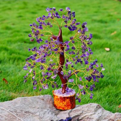 Crystals and Stones, Amethyst Crystal Showpiece for Home Decor Decoration Bonsai Money Tree, Size 10-12 Inches, Purple Golden Wire. 1 Piece