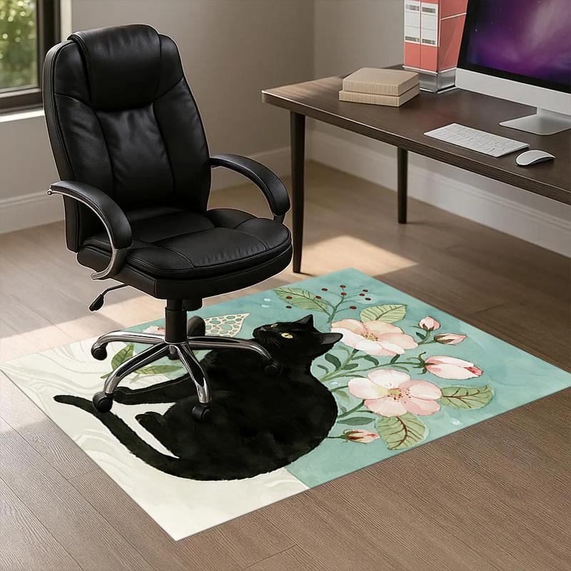 Black Cat Flowers Pattern Area Rug, Office Carpet Indoor Outdoor Entrance Doormat, Non-Slip Soft And Comfortable, Living Room, C122040
